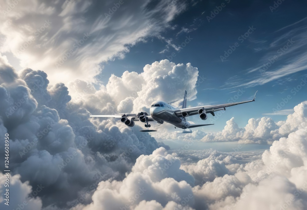 Fototapeta premium Plane navigating through a series of layered clouds, aerodynamics, cloud formations, wind currents