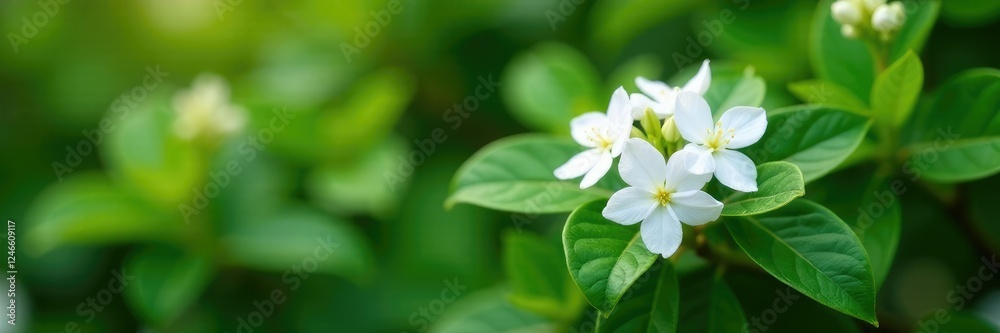 delicate white jasmine flowers on lush green bush, green leaves, delicate white jasmine flowers on lush green bush, green leaves,