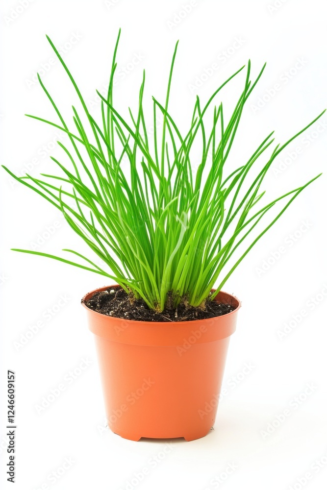 Vibrant Allium schoenoprasum in a modern pot on a clean background showcasing natural beauty and detail Vibrant Allium schoenoprasum in a modern pot on a clean background showcasing natural beauty and detail