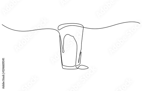 Continuous one line drawing of beer glass with foam. One line drawing illustration of alcoholic drink, Continuous one line drawing of beer in a glass, outline style vector illustration.