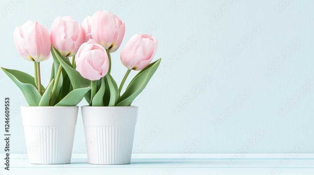 Fototapeta premium Adorable Potted Flowers in a Pastel Cozy Setup. Pink tulips in white pots against a soft background.