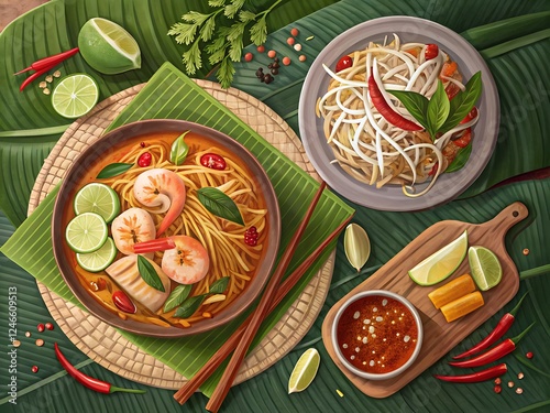 A top-down view of a traditional Thai meal with Pad Thai, Tom Yum soup, and Som Tam, served on banana leaves photo