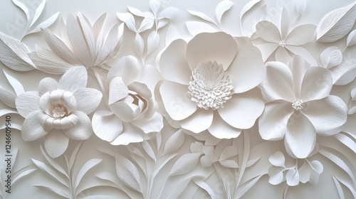 Elegant White Floral Artwork in Paper Cut Design with Diverse Flowers