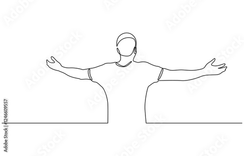 Continuous line drawing of happy man open hand palm feel free vector illustration, Simple continuous line drawing of male when feel so happy vector illustration.