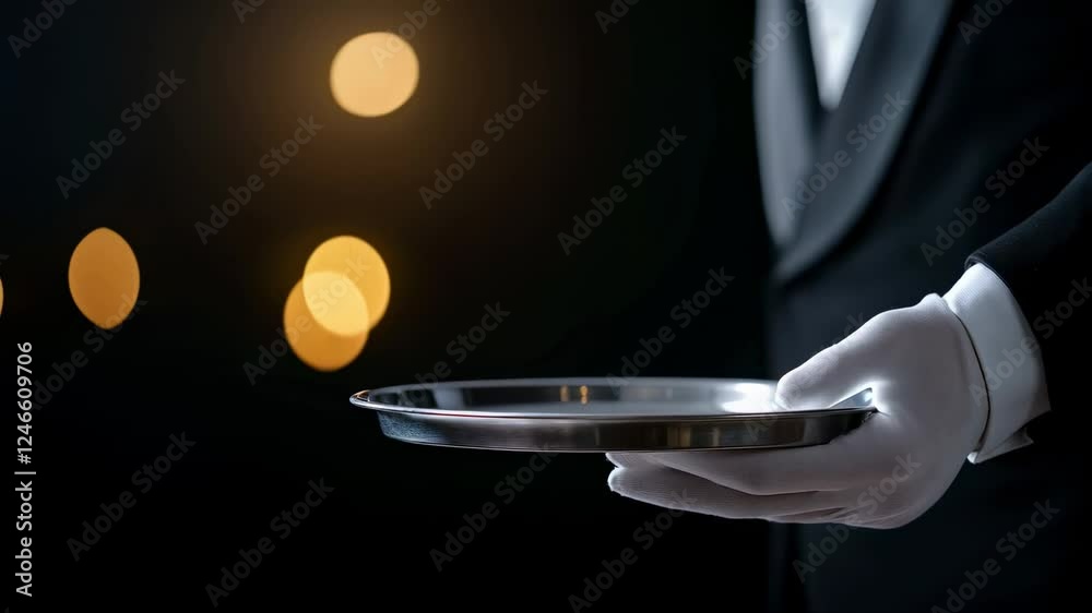 Elegant waiter wearing white gloves presenting an empty silver tray in slow motion, with warm bokeh lights in the background, perfect for hospitality and service concepts