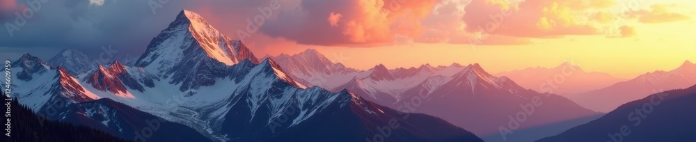 Obraz premium Golden light crests jagged peaks, painting sky vibrant hues, color, breathtaking, clouds