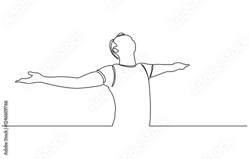 Continuous line drawing of happy man open hand palm feel free vector illustration, Simple continuous line drawing of male when feel so happy vector illustration.