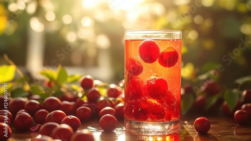 A Refreshing Pour of Red Currant Juice, Surrounded by Fresh Berries and Sun-Kissed Greenery. photo