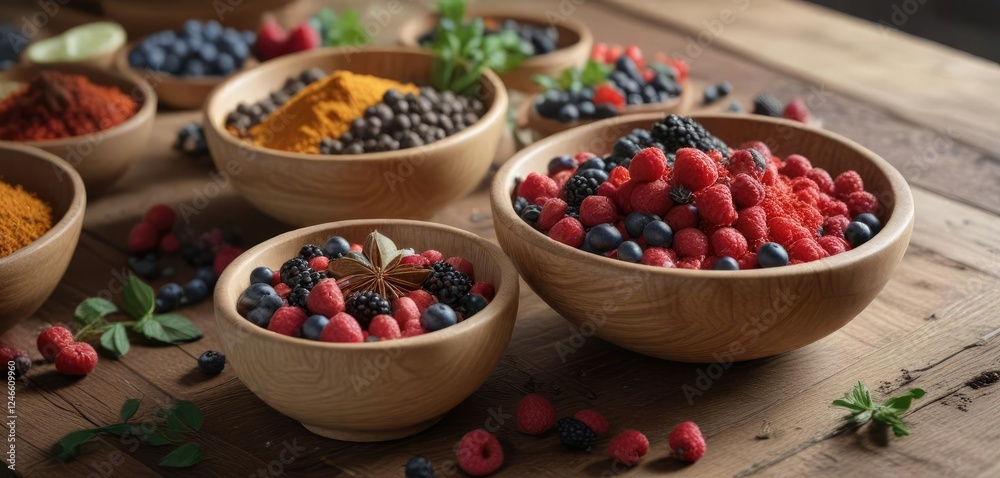 Fototapeta premium Spices and berries in wooden bowls on rustic table, harvest, spice shelf, farmhouse decor, vibrant colors, fresh ingredients