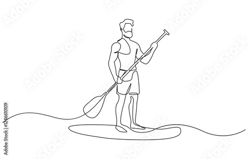 One continuous single drawing line art flat doodle stretch out man, Continuous line drawing of Man on puddleboard. SUP boarding. Template for your design works.