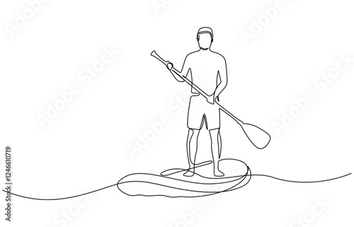 One continuous single drawing line art flat doodle stretch out man, Continuous line drawing of Man on puddleboard. SUP boarding. Template for your design works.