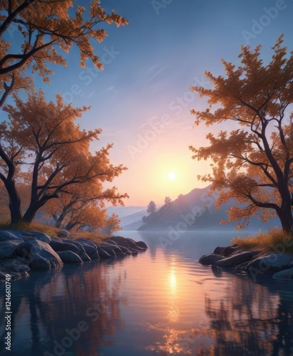 Softly glowing peach light transitions into a serene blue morning, cool blue morning, gradual shift, calm surroundings