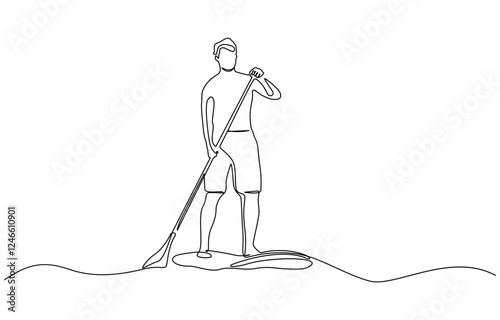 One continuous single drawing line art flat doodle stretch out man, Continuous line drawing of Man on puddleboard. SUP boarding. Template for your design works.