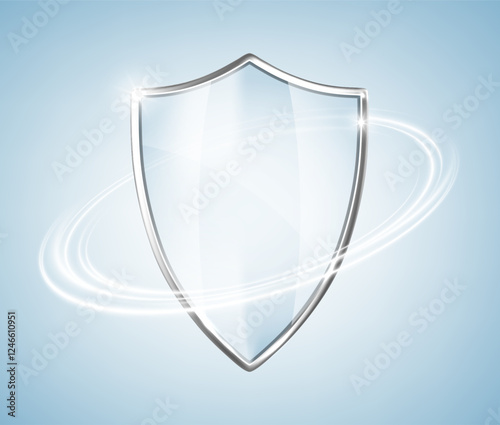 3D transparent glass protection shield with white glowing effect. Protective shield isolated on blue background. Safeguard sign. Security concept. Vector illustration