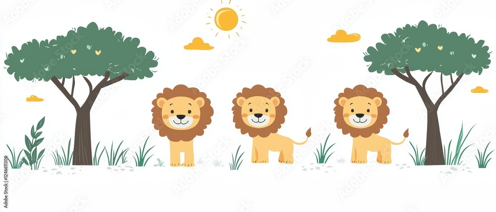 Fototapeta premium Cute Cartoon Vector Illustration of Lions in a Savanna Setting with Trees and Sunlight