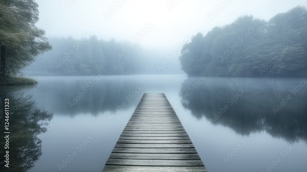 Wooden dock extending into a calm lake Wooden dock extending into a calm lake