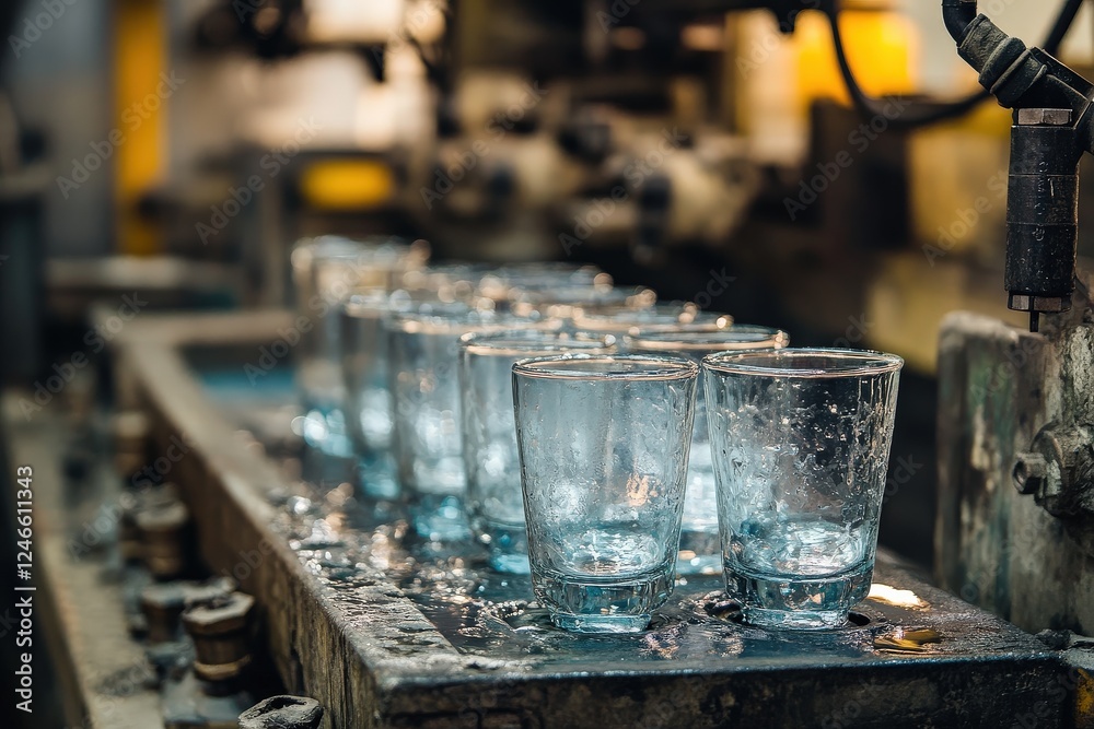 A glass factory scene showcasing the process of forming drinking glasses. A glass factory scene showcasing the process of forming drinking glasses.