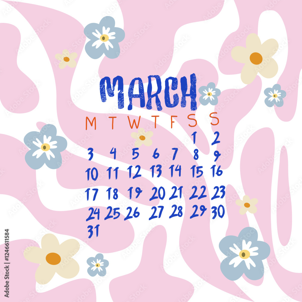 Hello Spring. Cozy March 2025 calendar collection. Cute vector printable flower calendar. Handwritten inscription of the month. Floral, botanical, insects vector elements Hello Spring. Cozy March 2025 calendar collection. Cute vector printable flower calendar. Handwritten inscription of the month. Floral, botanical, insects vector elements