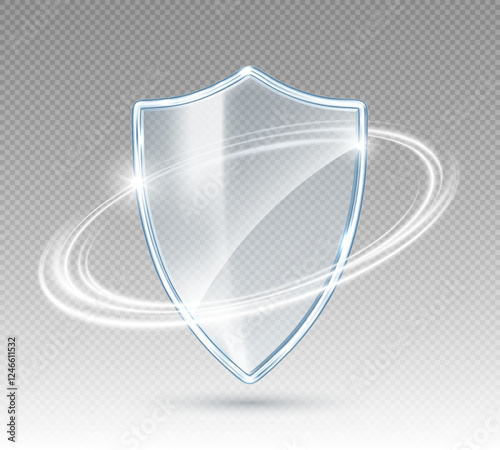 3D transparent glass protection shield with white glowing effect. Safeguard sign. Security concept. Vector illustration