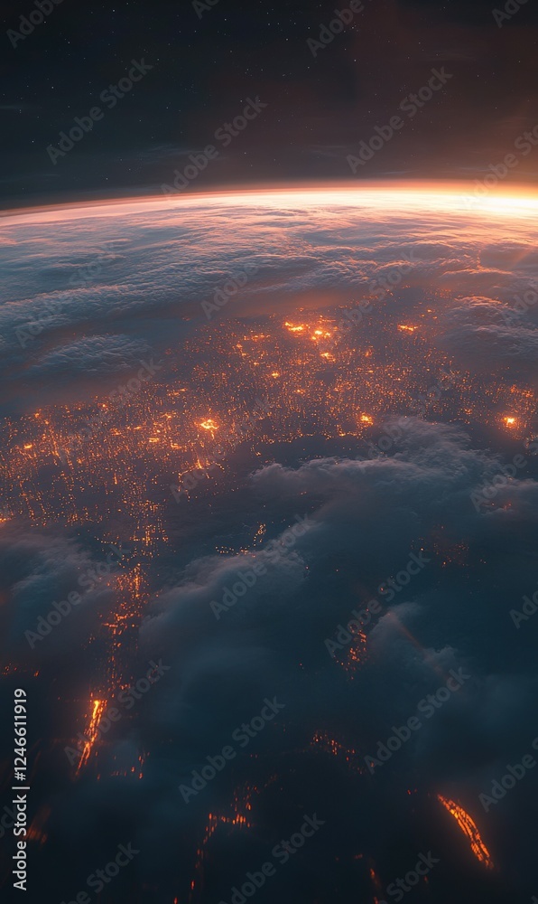 Fototapeta premium City lights glow beneath clouds at sunset viewed from space