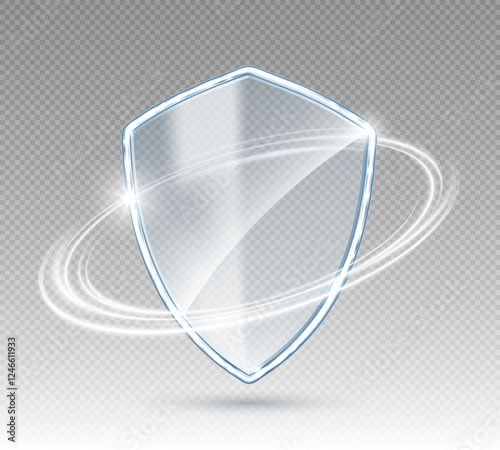 3D transparent glass protection shield with white glowing effect. Safeguard sign. Security concept. Vector illustration