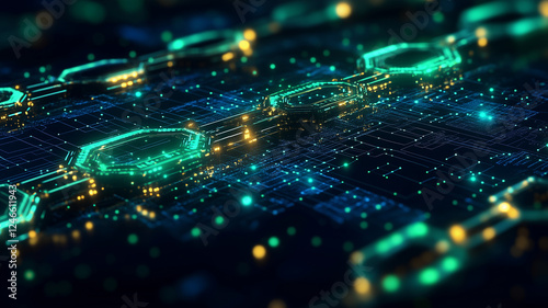 futuristic digital landscape showcasing blockchain network with glowing nodes and interconnected lines, symbolizing technology and innovation