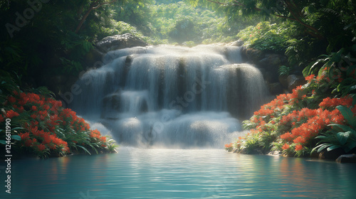 Serene Waterfall Surrounded by Lush Greenery and Blooming Flowers