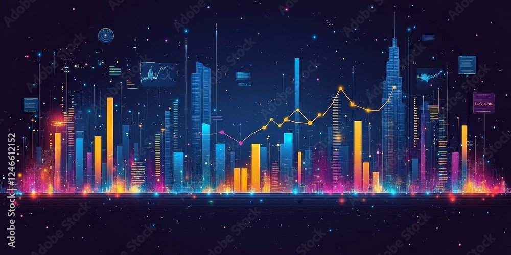 Abstract City Skyline with Glowing Charts Digital Growth and Financial Data Visualization. Abstract City Skyline with Glowing Charts Digital Growth and Financial Data Visualization.