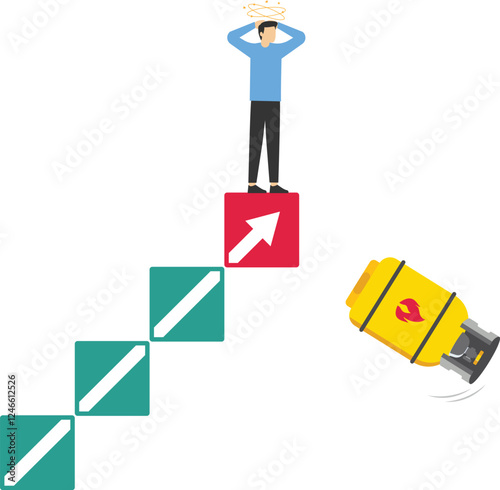 Falling gas price. Gas cylinder is rolling the stairs into down the abyss. Unhappy business people is afraid risk of bankruptcy and losses. Volatility and collapse on gas. Vector illustration