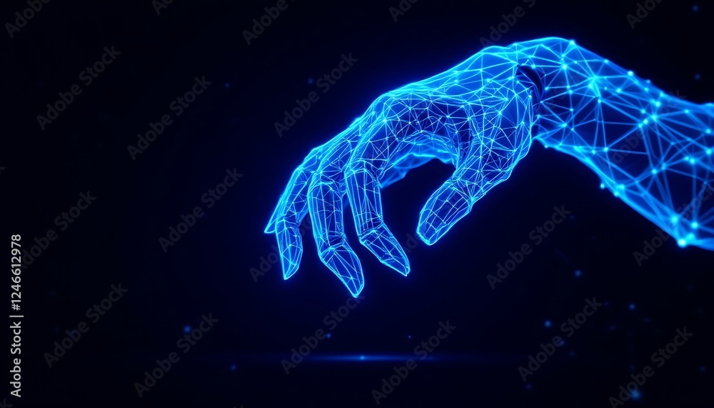 Glowing Blue Wireframe Hand Reaching Abstract Art Glowing Blue Wireframe Hand Reaching Abstract Art