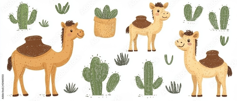 Fototapeta premium Cute Cartoon Camel and Cactus Vector Illustration Set in Desert Style for Playful Designs and Creative Projects
