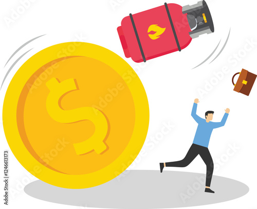The gas cylinder fell from a pile of coins. Businessman fleeing a falling gas tank. Freeze gas prices. Modern vector illustration in flat style

