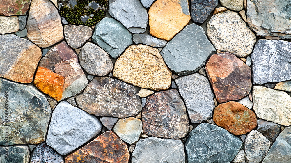 Fototapeta premium Colorful stones arranged in a random pattern forming a textured surface background.