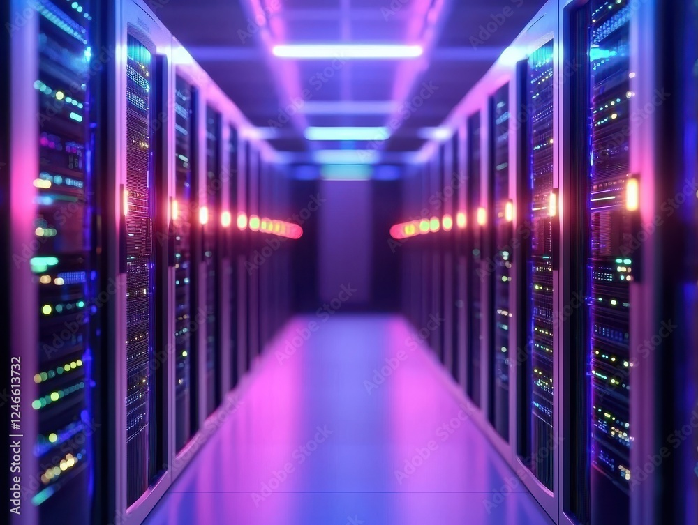 A futuristic data center hallway illuminated by colorful lights, showcasing rows of servers in a sleek, modern design. A futuristic data center hallway illuminated by colorful lights, showcasing rows of servers in a sleek, modern design.