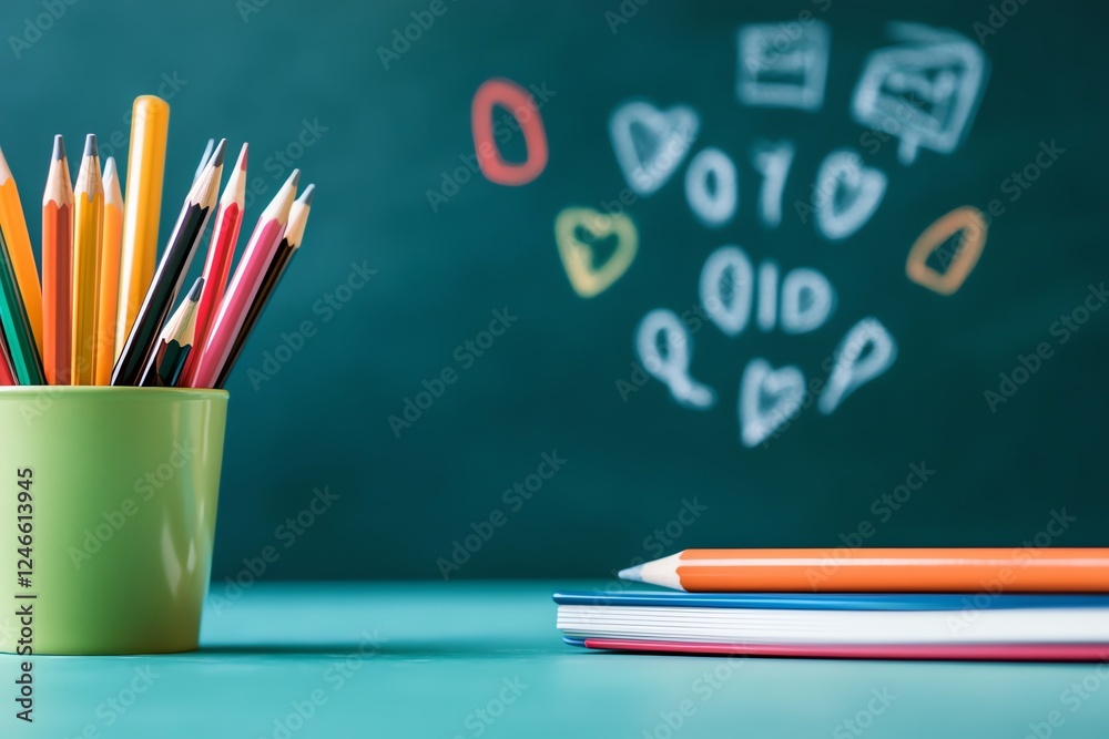 Colorful pencils in a holder beside notebooks on a desk with chalkboard background. Colorful pencils in a holder beside notebooks on a desk with chalkboard background.