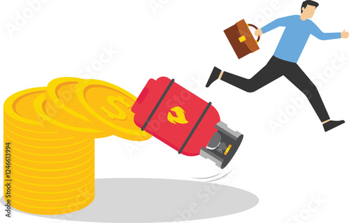 Businessman fled from a falling gas cylinder fell from a pile of coins. Freeze natural gas prices. Modern vector illustration in flat style

