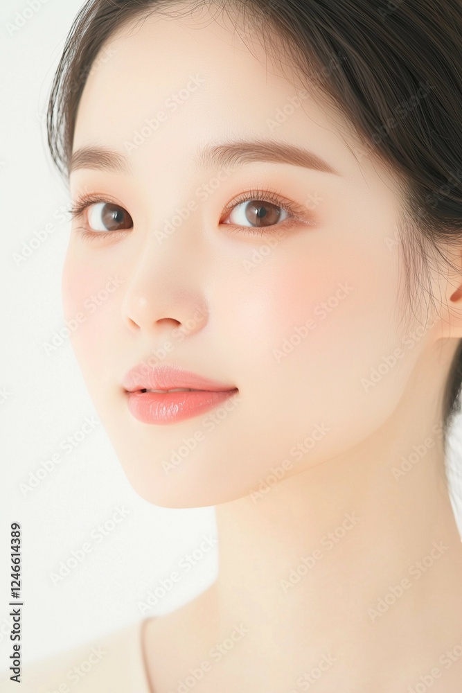 Elegant Young Woman in Soft Pastel Dress with Natural Makeup Elegant Young Woman in Soft Pastel Dress with Natural Makeup