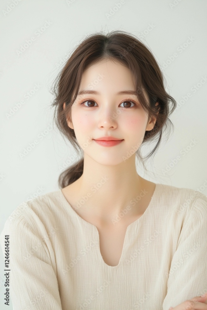 Elegant Young Woman in Soft Pastel Dress with Natural Makeup Elegant Young Woman in Soft Pastel Dress with Natural Makeup