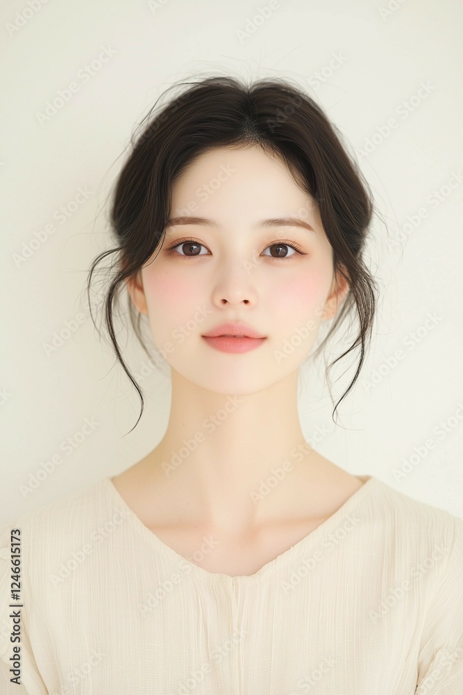 Elegant Young Woman in Soft Pastel Dress with Natural Makeup Elegant Young Woman in Soft Pastel Dress with Natural Makeup