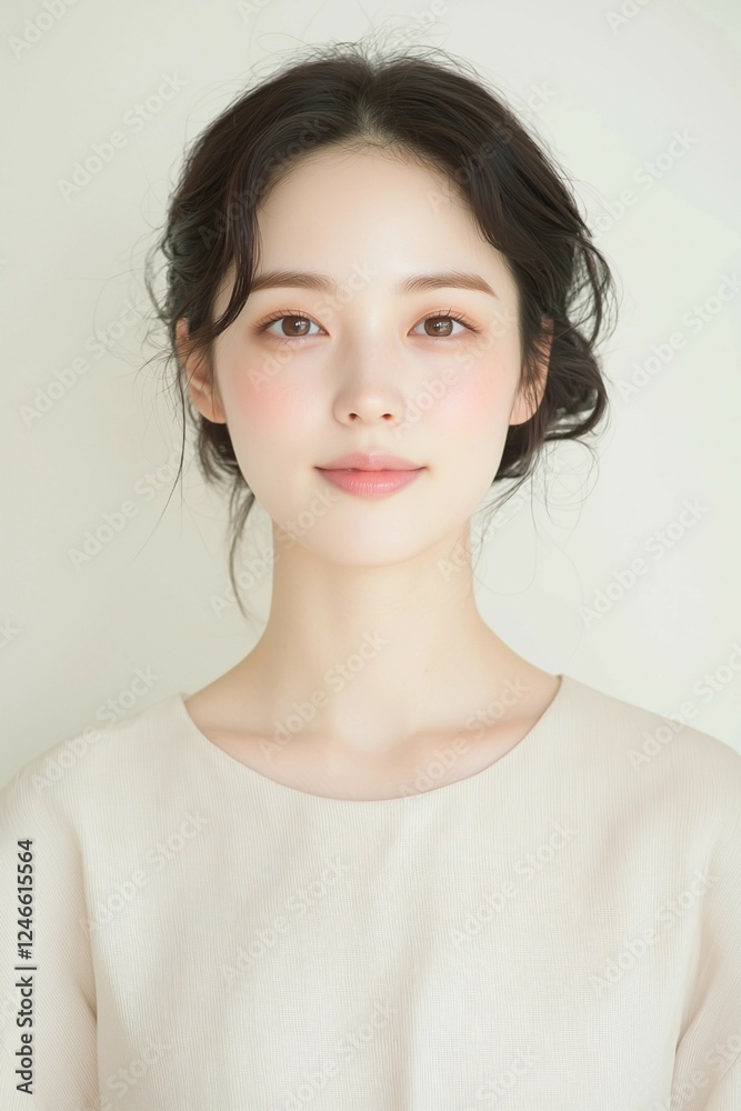 Elegant Young Woman in Soft Pastel Dress with Natural Makeup Elegant Young Woman in Soft Pastel Dress with Natural Makeup