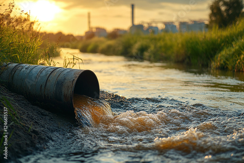 Sewage discharge from a pipe into a river. Dumping of industrial waste into a clean river. Environment and Climate changes photo