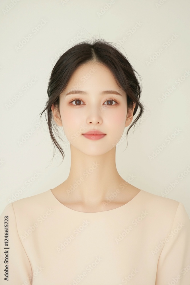 Elegant Young Woman in Soft Pastel Dress with Natural Makeup Elegant Young Woman in Soft Pastel Dress with Natural Makeup