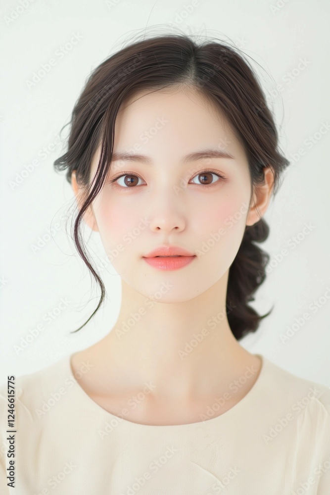 Elegant Young Woman in Soft Pastel Dress with Natural Makeup Elegant Young Woman in Soft Pastel Dress with Natural Makeup