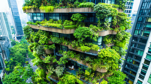 Urban vertical garden tower with lush greenery in modern cityscape photo