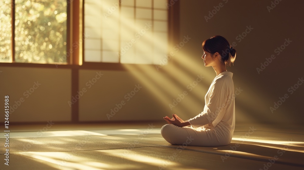 Serene woman meditating in a sunlit room, embracing tranquility and mindfulness