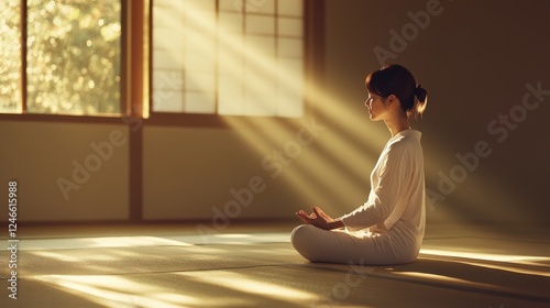 Obraz na płótnie Serene woman meditating in a sunlit room, embracing tranquility and mindfulness w salonie