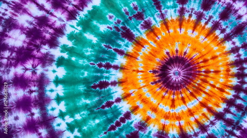 Colorful tie-dye pattern with circular design and vibrant hues of purple, orange, teal, and white.