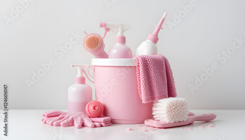 Pink cleaning bucket with spray bottle, brushes, gloves, and cloths on white surface, pink background. photo