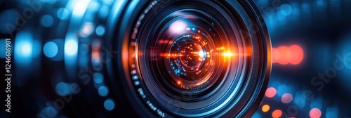 Close-Up View of a High-Performance Video Camera Lens with Stunning Optical Effects and Vibrant Lights Creating an Artistic Visual Impression photo