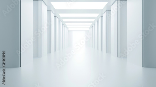 Modern white corridor with bright lighting and minimalistic design